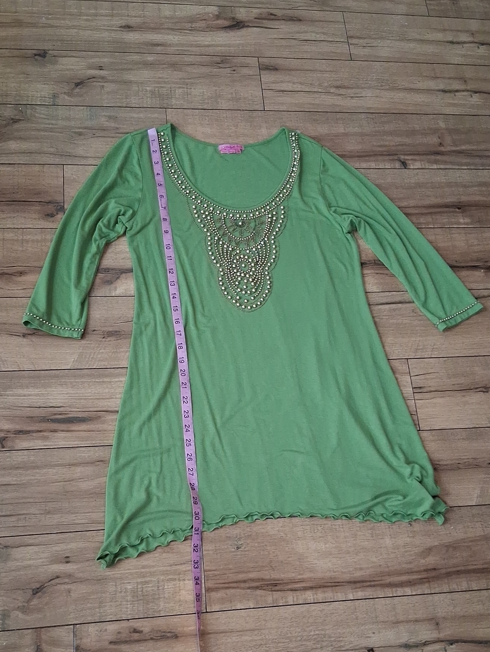 Women's Embellished Beaded Scoop Neck Tunic Summer Dress Olive Green Gold Medium - Picture 6 of 16